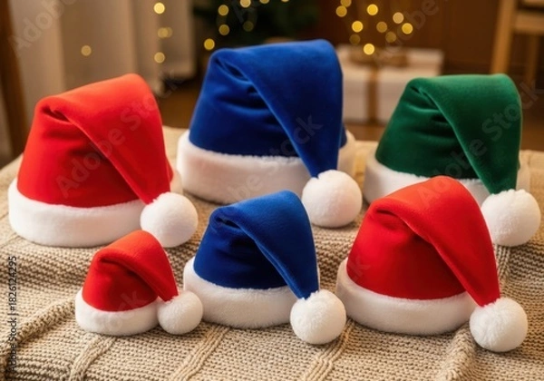 Fototapeta Festive assortment of colorful christmas santa hats with fluffy trim