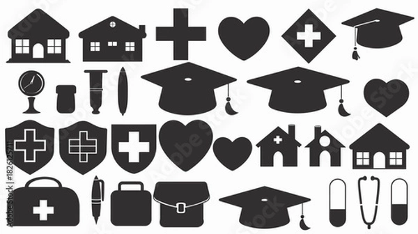 Obraz Complete collection of black silhouette graduation cap and house icons