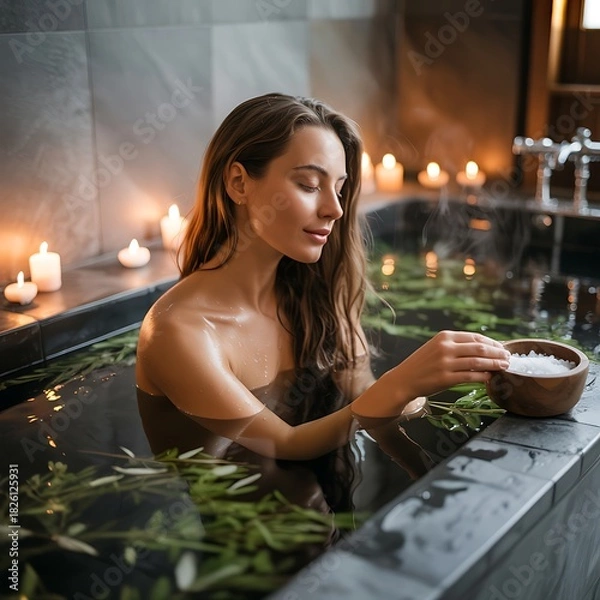Fototapeta Woman enjoying a relaxing herbal bath with candles and floating petals