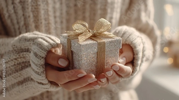 Fototapeta A woman is holding a white box with a gold ribbon on it. The box is wrapped in gold and silver, and it is a gift. The woman is wearing a white sweater and has her hands wrapped around the box