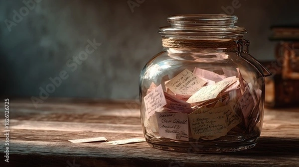 Fototapeta A jar full of notes is on a wooden table. The notes are written on different pieces of paper and are of various sizes. The jar is filled with the notes, and it is a collection of memories or thoughts