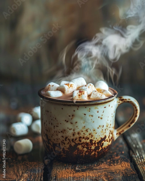 Fototapeta steaming mug of hot chocolate with marshmallows on rustic wooden surface