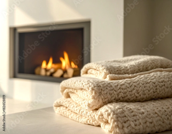 Obraz Stack of cozy chunky knit blankets with a modern fireplace background. Warm winter home concept.