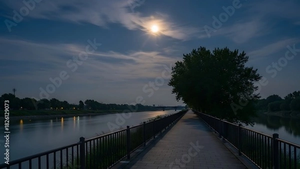 Obraz Moonlit pathway along a serene river under a cloudy night sky