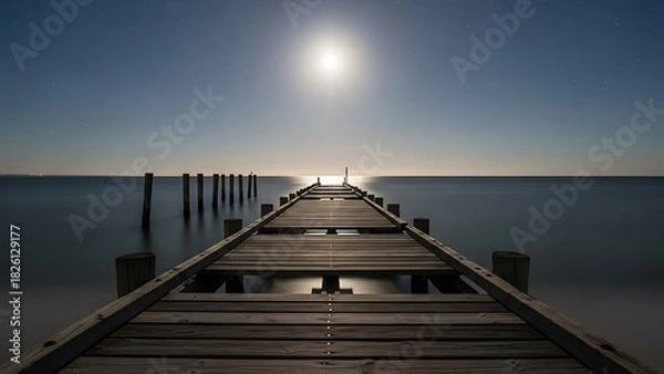 Obraz Long wooden pier stretching towards a bright moonlit horizon over a calm ocean