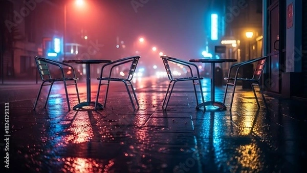 Obraz Empty outdoor cafe seating reflects neon lights on a rainy night