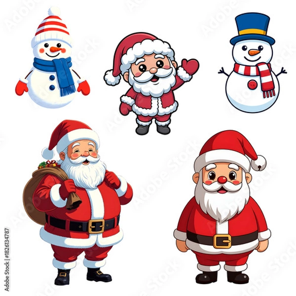 Obraz Christmas Santa and Snowman Characters