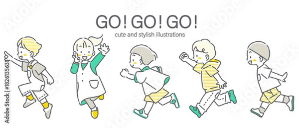 Obraz 未来に向かって元気に走る子供たち　かわいくてお洒落な線画イラスト