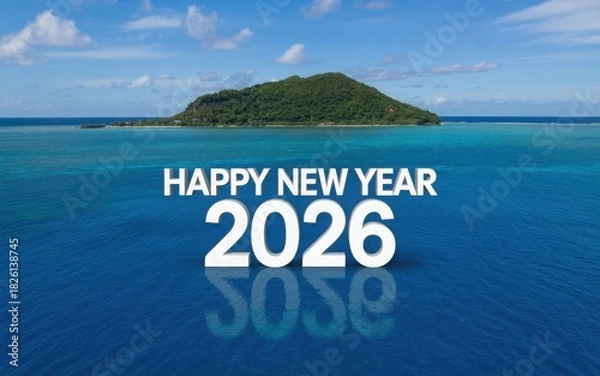 Fototapeta New year 2026 greeting on tropical island illustration