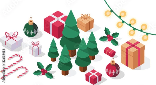 Obraz Isometric Christmas holiday decoration set with gifts, pine trees, ornaments, candy canes, holly leaves, festive lights, winter celebration elements, vector