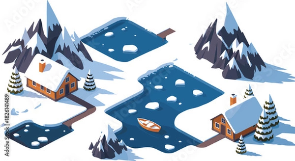 Obraz Isometric winter landscape illustration with snowy mountains, frozen lakes, wooden cabins, pine trees, docks, and small boat, cozy holiday scene