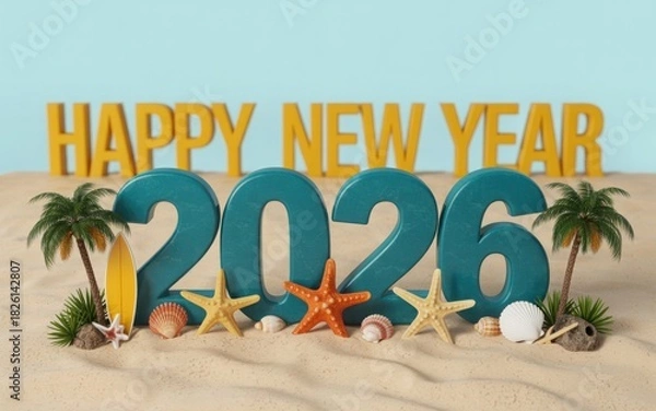 Fototapeta 2026 happy new year on tropical beach illustration