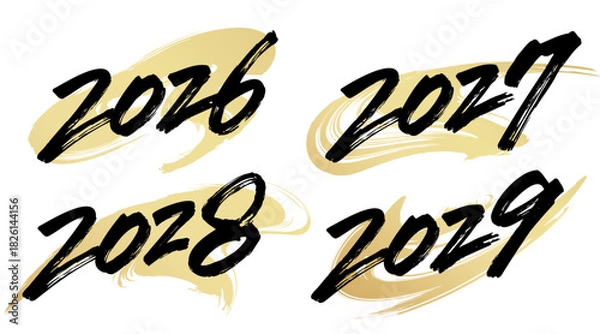 Obraz 2026、2027、2028、2029と書いた筆文字と背景用の筆模様のベクター素材のセット