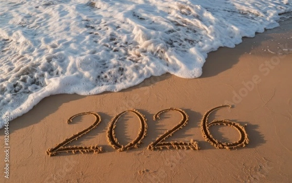 Fototapeta 2026 written in sand on beach with sea foam illustration