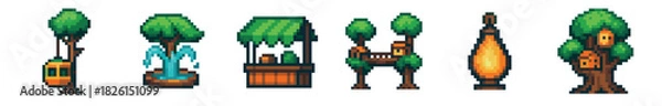 Obraz Pixel art set of fantasy game objects including a treehouse, fountain, market stall, lantern, bridge, and gondola for a retro video game design or digital project