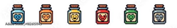 Obraz Set of six pixel art potion bottles with colorful liquids and unique icon labels for a fantasy video game, featuring various elixirs like poison, health, and magic in a retro 8-bit style