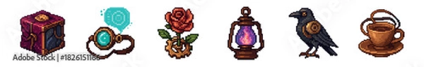 Fototapeta Set of detailed pixel art fantasy icons with steampunk elements, including a magical lantern, a mechanical raven, a glowing monocle, a gear rose, an ornate box, and a copper cup
