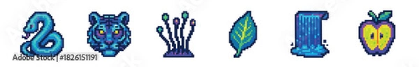 Obraz Vibrant pixel art icon set featuring a snake, tiger, plant, leaf, waterfall, and apple, designed in a colorful retro 8-bit video game aesthetic with a neon palette
