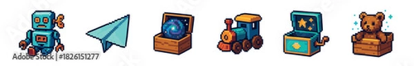 Obraz Set of six retro pixel art toy icons with a wind-up robot, steam train, and music box, illustrated in a colorful isometric 8-bit video game aesthetic for digital assets