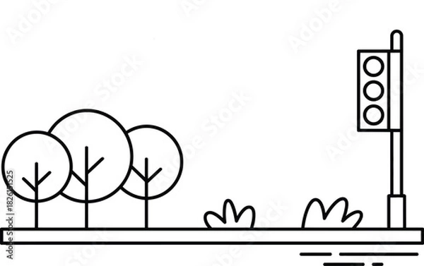 Fototapeta Line art street scene with trees and traffic light Vector