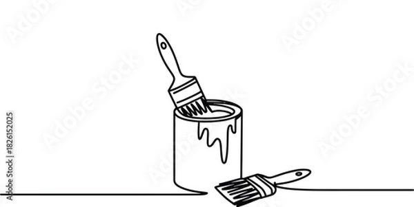 Fototapeta Paint can with brush continuous line art Vector