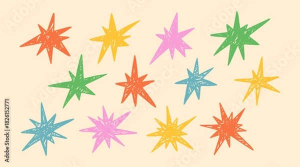 Obraz Cute Crayon Hand Drawn Star Set. Whimsical celestial doodles with rough pastel textures. Playful sketched icons feature organic crayon finishes for childish designs, collages, and creative background