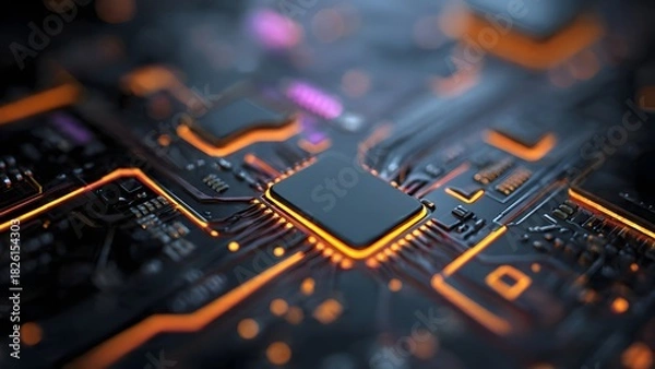 Fototapeta Close-up of Minimal Futuristic Circuit Board with Soft Neon Orange and Pink Accents, Shallow Depth of Field, Representing Technology, Computing, and Electronics