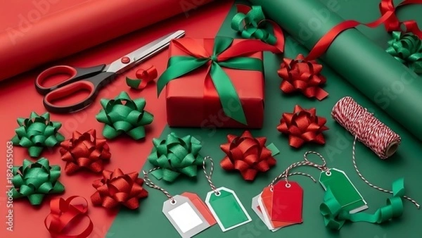 Fototapeta Festive holiday gift wrapping essentials for Christmas presents with red and green bows and tags, perfect for seasonal celebrations and joyful giving