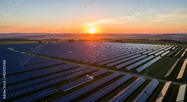 Obraz Aerial view of solar panel farm at sunset generating clean renewable energy