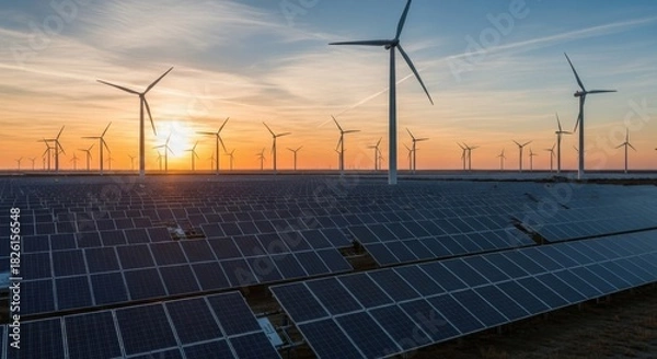 Fototapeta Solar panels and wind turbines create a sustainable energy landscape at sunset with a beautiful sky