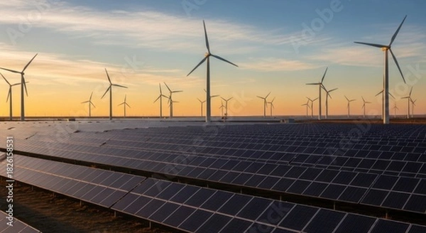 Obraz Solar panels and wind turbines generating clean energy at sunset in a sustainable landscape