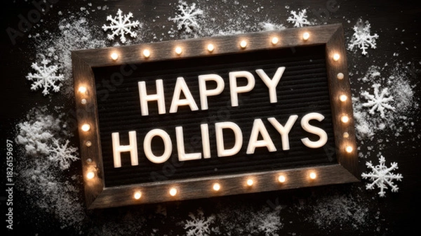Fototapeta Festive happy holidays sign with warm lights, wooden frame, snowflakes and scattered snow on a dark background
