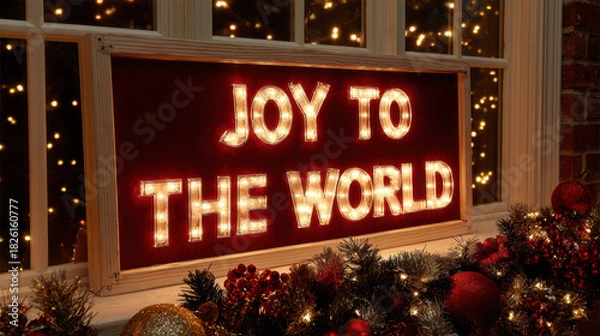 Fototapeta Illuminated Christmas window sign reading joy to the world surrounded by warm lights, garlands and festive holiday decorations