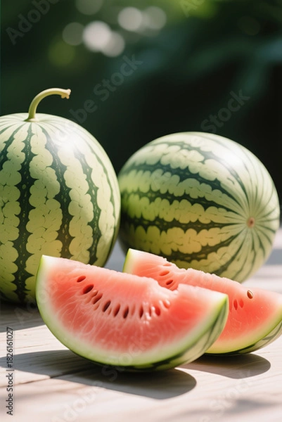 Fototapeta Fresh and juicy whole watermelons and slices.