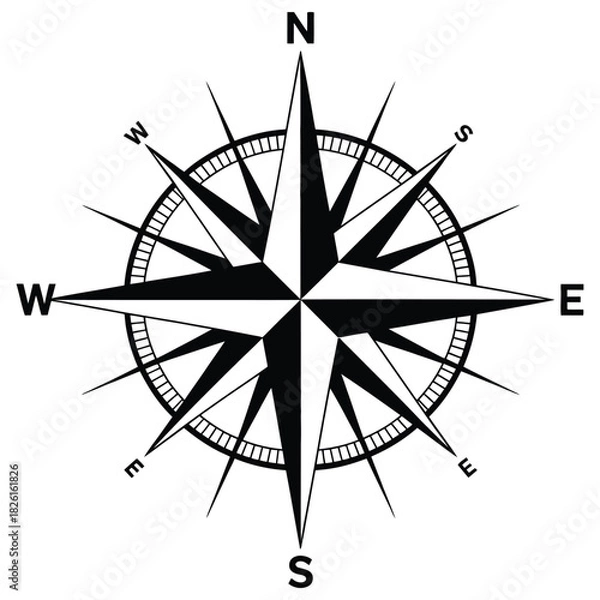 Obraz Black and white compass rose with cardinal directions