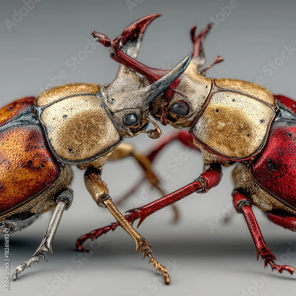 Fototapeta Two colorful beetle fighting with golden and red shell