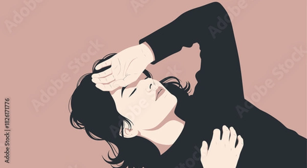 Obraz Illustration of a woman lying down with her hand on her forehead, looking unwell.