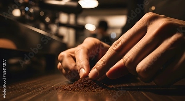 Fototapeta Hands meticulously sorting coffee beans on a wooden surface in warm light.