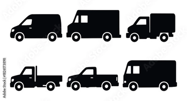 Obraz Silhouette collection of various delivery and utility vehicles on dark background