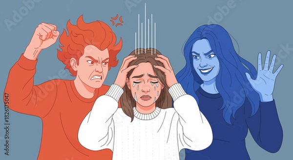Obraz A distressed young woman is caught between two menacing figures, one red and angry, the other blue and sinister, symbolizing overwhelming emotional turmoil.