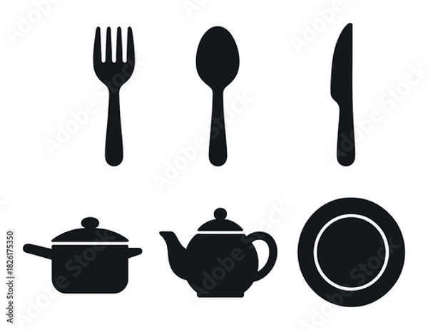Obraz Silhouette of kitchen utensils and cookware on a dark background