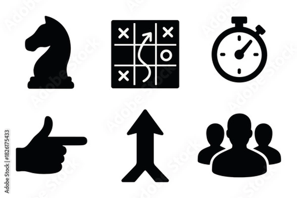 Fototapeta Strategic icons: chess, tic tac toe, stopwatch, gesture, arrow, group silhouettes