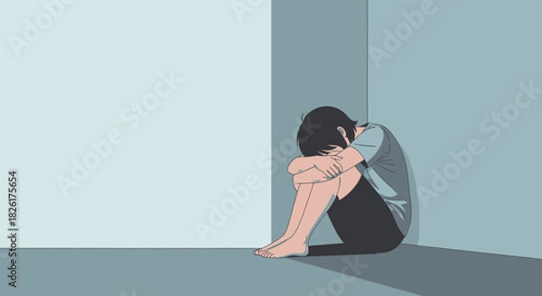 Fototapeta Illustration of a lonely and depressed person sitting curled up in the corner of a room, representing sadness and despair.