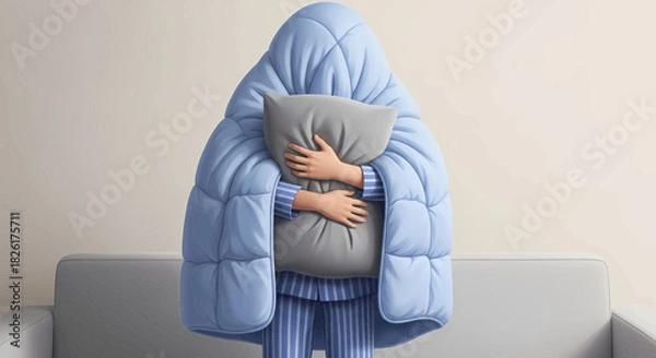 Obraz A person wrapped in a blue blanket holding a pillow, feeling cozy and safe.