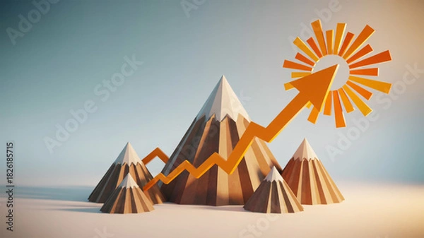 Fototapeta Illustration of low poly mountain range with rising orange arrow and sun symbol