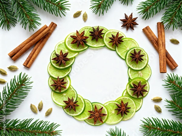 Fototapeta Dried Lime Slice Christmas Wreath with Star Anise and Cinnamon Sticks Flat Lay