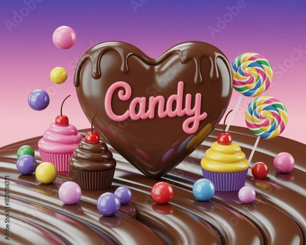 Obraz Illustration of heart shaped chocolate candy with cupcake and lollipop decoration