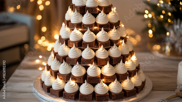 Obraz Illustration of brownie tower cake with white cream frosting for celebration