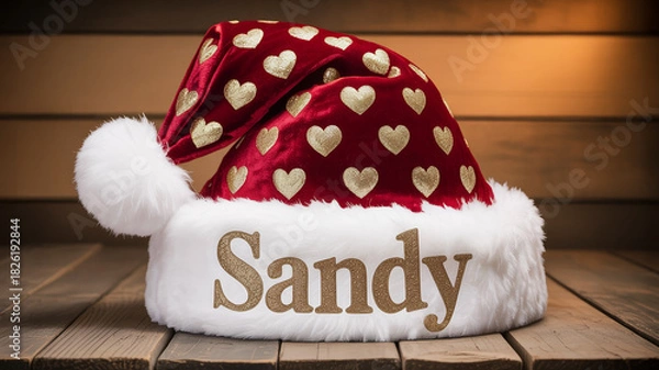 Obraz Illustration of personalized christmas santa hat with heart pattern and name sandy