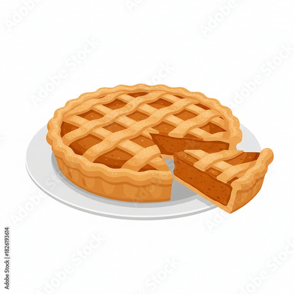 Fototapeta sliced pumpkin pie with lattice crust on plate flat illustration for autumn dessert